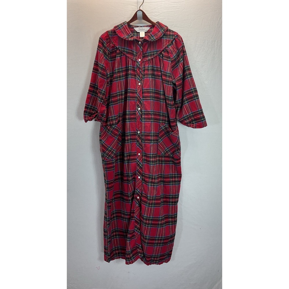 Vermont Country Store Flannel Red Plaid Nightgown L Pockets Pearl Snap 3/4 Slv